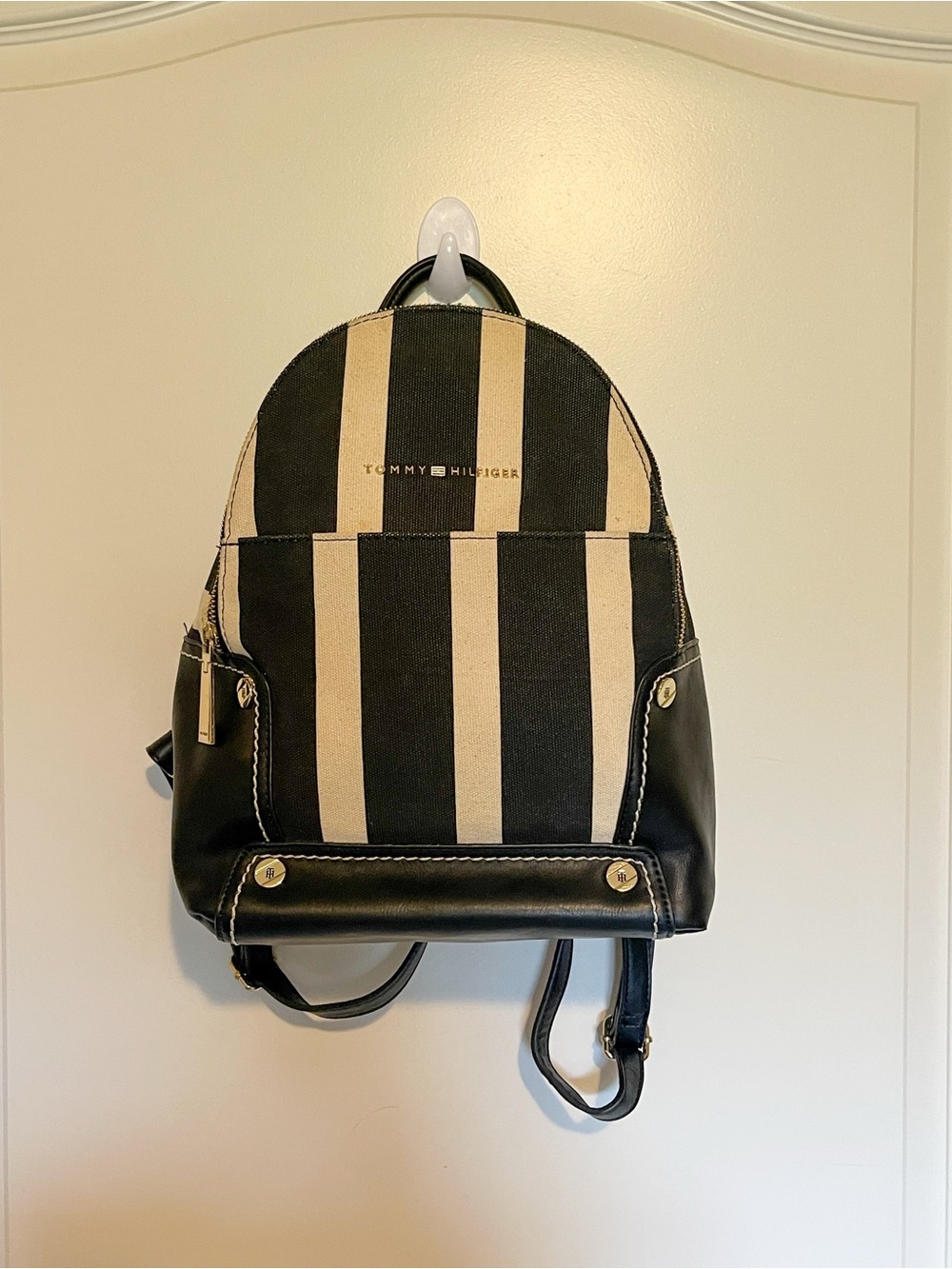 Tommy Hilfiger Women's Canvas Backpack Black and Off-White Stripes